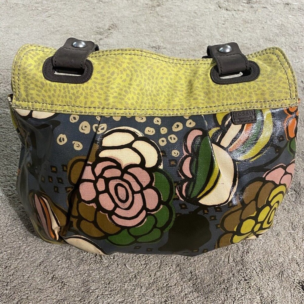 Fossil Key-Per Coated Canvas Tote Handbag Floral Pattern Large Shoulder Bag
